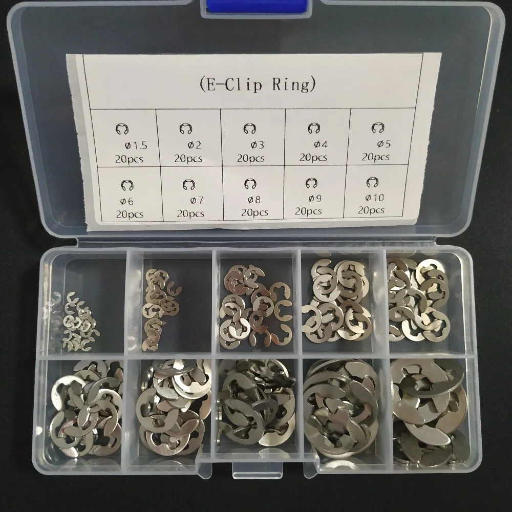 

200Pcs Stainless Steel E Clip Washer Assortment Kit 1.5 2 3 4 5 6 7 8 9 10 mm Circlip retaining ring for shaft fastener hardware
