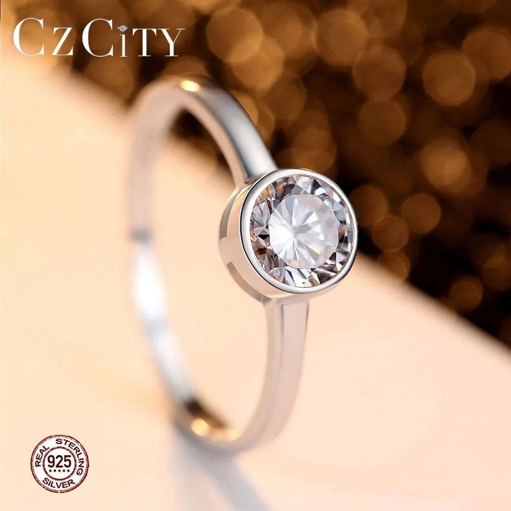 Czcity бренд один карат камень Циркон Простой женский палец кольцо стерлингового серебра 925 Для женщин Свадебные украшения Обручальные кольца