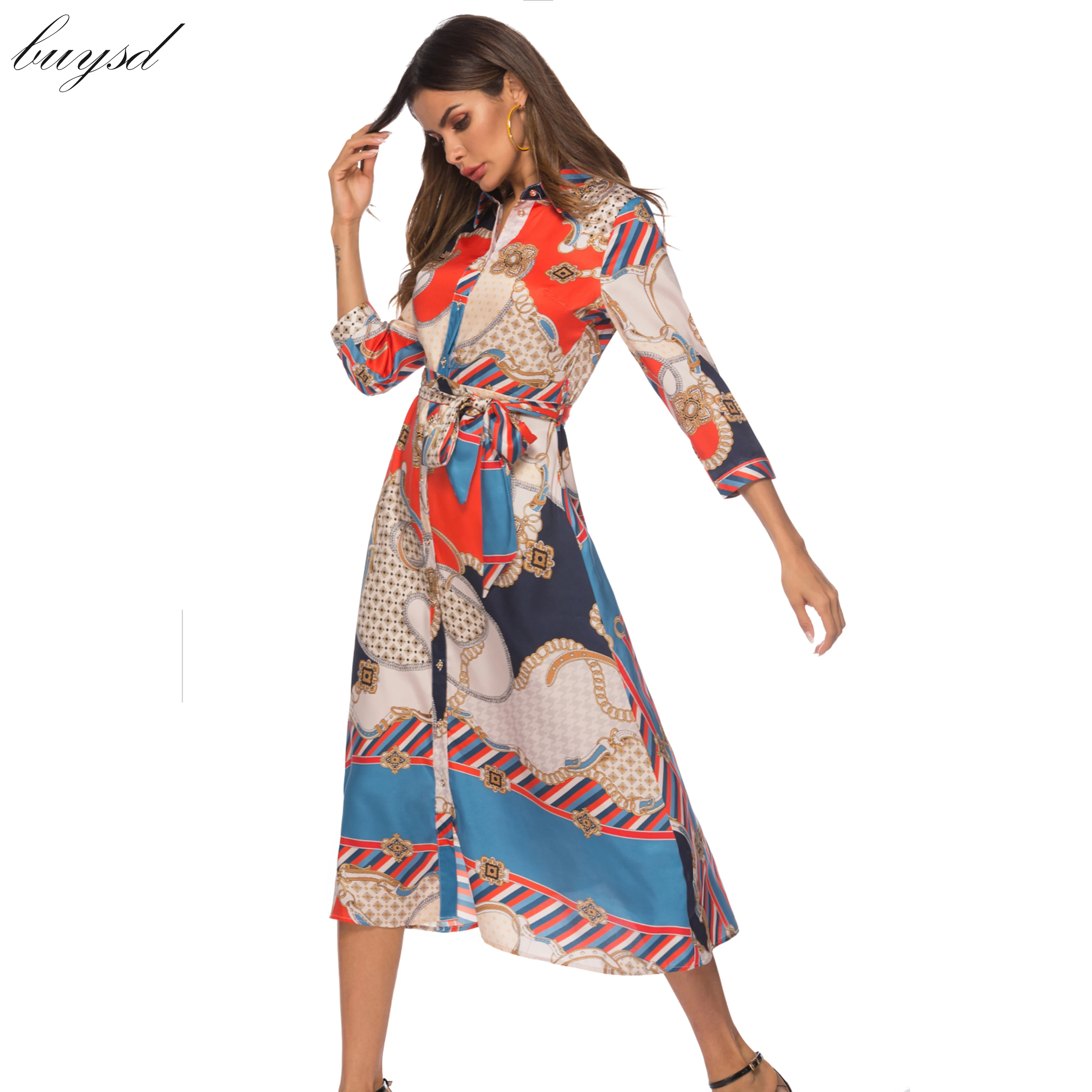 Женское винтажное платье Boho Повседневное на пуговицах с рукавом 3/4 и отложным