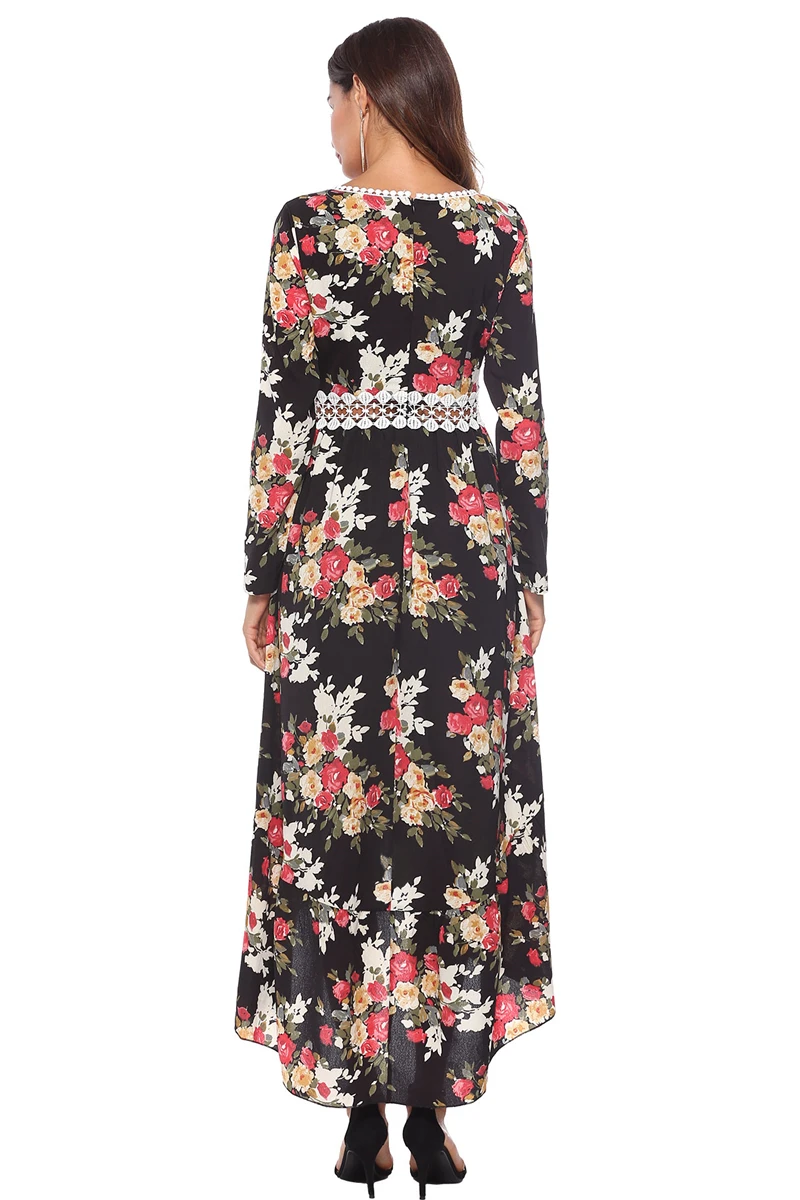 Floral Print Long Women Dress V-Neck Long Full Sleeve Spring Dress Sexy Hollow Out Waist Personality Western Style Gilr Clothes-XQ-04