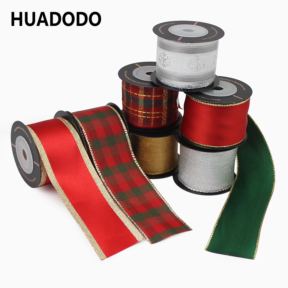 

HUADODO 40mm 1-1/2" Christmas Ribbon Festival Plaid Wired Ribbons for Christmas Decoration New Year Gift wrapping 3 Yards