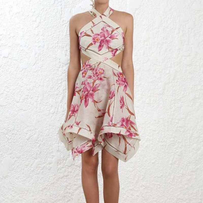 

HIGH STREET New Fashion 2019 Designer Runway Dress Women's Halter Neck Backless Floral Print Asymmetrical Dress