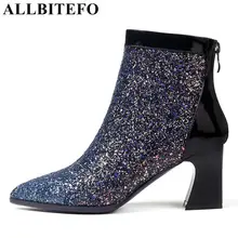 ALLBITEFO tamanho: 34-42 lantejoulas calcanhar grosso mulheres botas de marca botas de salto alto tornozelo mulheres botas femininas martin botas botas sapatos meninas