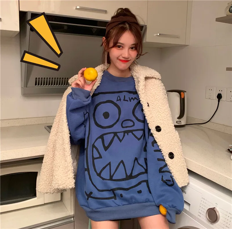 ATKULLQZ New Little monster sweatershirt Korean version plus velvet thick coat student lazy clothes college winter Sweatshirts