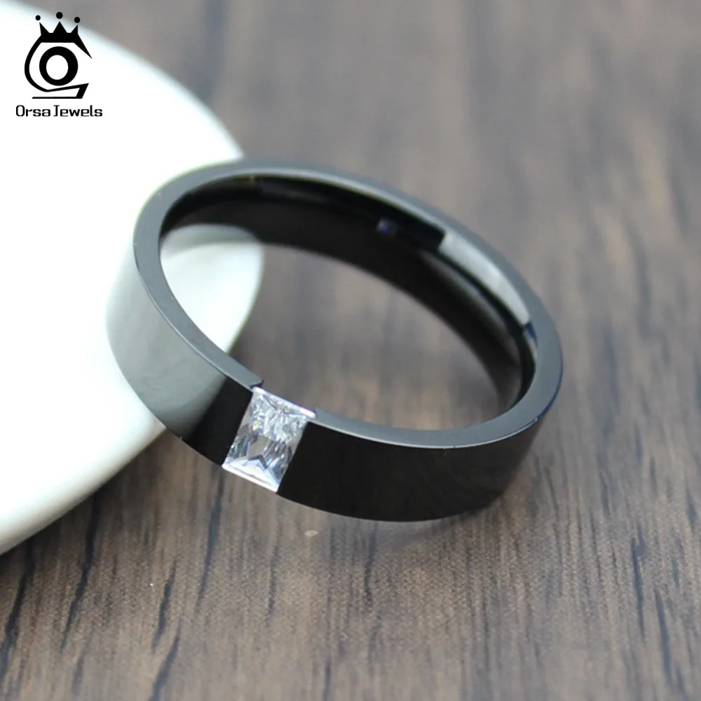 ORSA JEWELS Tension Setting Square Zircon Rings for Men Women Black Color&Gold-Color Stainless Steel Ring for Parties OTR78