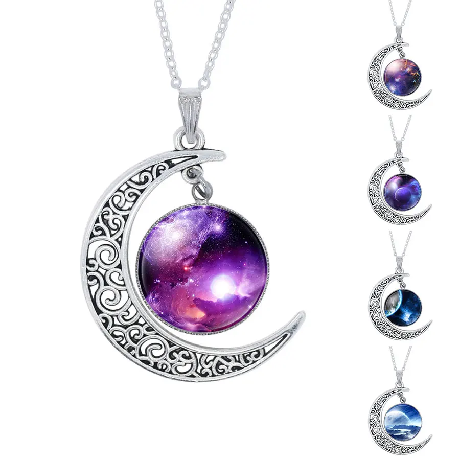 Fashion Purple Nebula Space Universe Women Galaxy Crescent Moon Necklace Silver Plated Half Moon Pendant Necklace