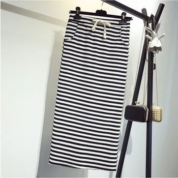 

Women Autumn Winter Knitted Stripe High Waist Skirt Pockets Long Thin Bag Hip Skirts Step Solid Color Lace Up Split Skirt Female