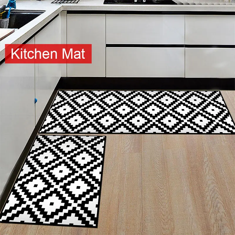 

2 Pcs/Set Soft Non-Slip Kitchen Plaid Floor Mat Geometric Pattern Waterproof Clean Easy Kitchen Accessories 40*60 cm&40*120 cm