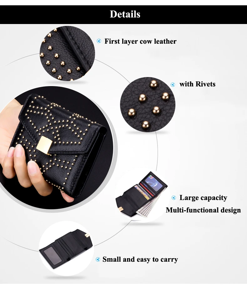 Lomelobo Ladies Rivets Small Wallet Genuine Cow Leather Women Three-Fold Short Personality Wallet Girls Credit Card Holder Purse HPL2627-1 Details (03)