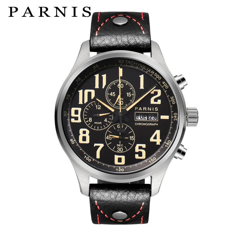 

Newest 2019 Casual Men's Quartz Watches 43mm Parnis Week 100M Rose Gold Black Silver Case Leather Chronograph Military Men Watch