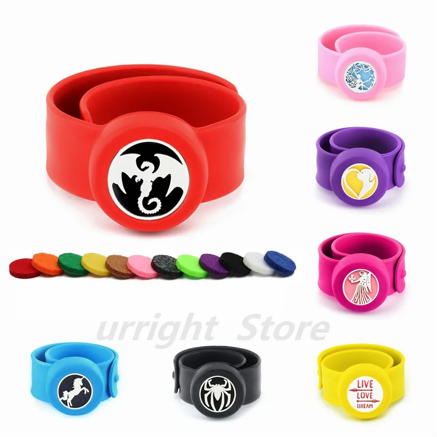 

Mosquito Repellent diffuser kids slap Bracelet silicone Dinosaur spider dog 25mm Magnet Essential Oil Diffuser locket 10Pads