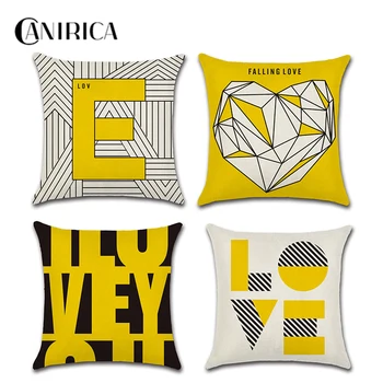 

CANIRICA Yellow Cushion Cover Linen Decorative Pillows For Sofa Living Room Letter Pillow Cover 45*45cm Love Print Funda Cojin