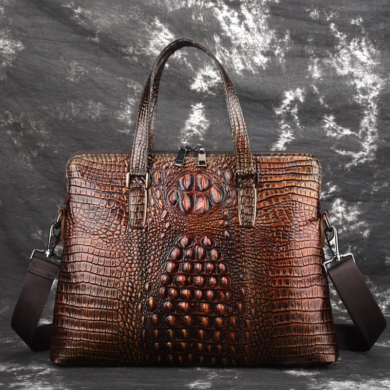 

Natural Skin Men Top Handle Bag Messenger Briefcase Tote Laptop Business Handbag Crocodile Pattern Genuine Leather Shoulder Bag