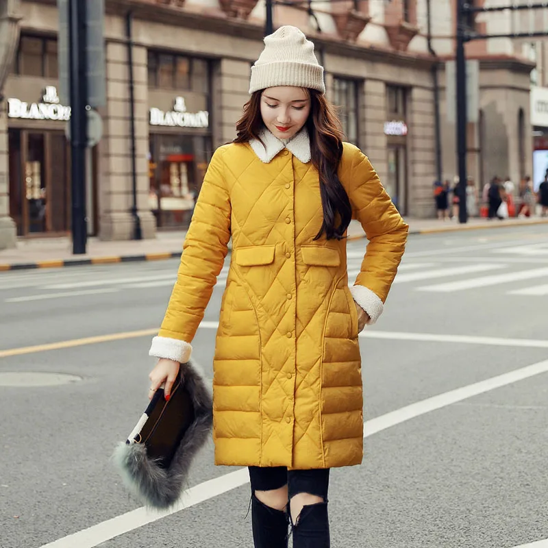 Женская зимняя куртка на пуговицах с отложным воротником, женское длинное стеганое пальто, осенняя Женская парка - Цвет: Цвет: желтый