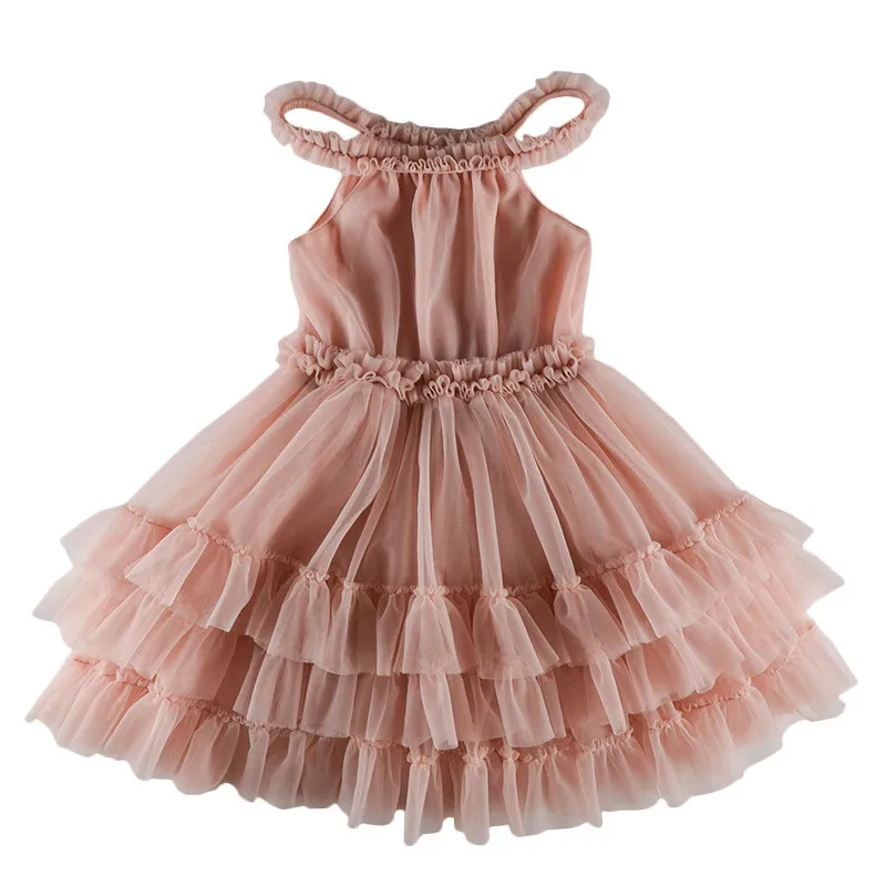 

new Summer Toddlers Girls Layered Dress Off Shoulder Children Clothing Voile Pure Color Kids Princess Party Dresses