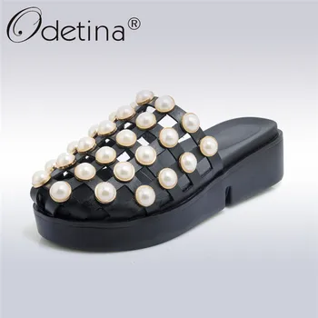 

Odetina 2019 New Fashion Platform Outside Slippers For Women Pearl Checkered Shoes Wedges Slip On Casual Slippers Big Size 44