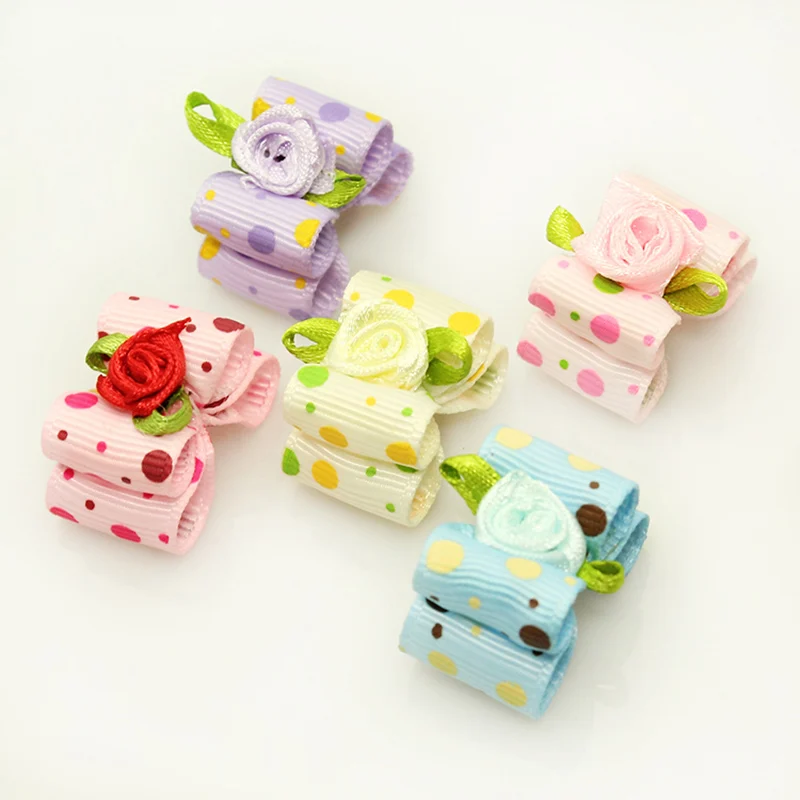 

Handmade Designer Dog Accessories Grooming Rose Cute Dots Ribbon Hair Bow Poodle