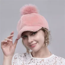 Women's Sheep Shearing Baseball Caps With Fox Fur Ball Ladies Winter Warm Hats For Lovely Girls