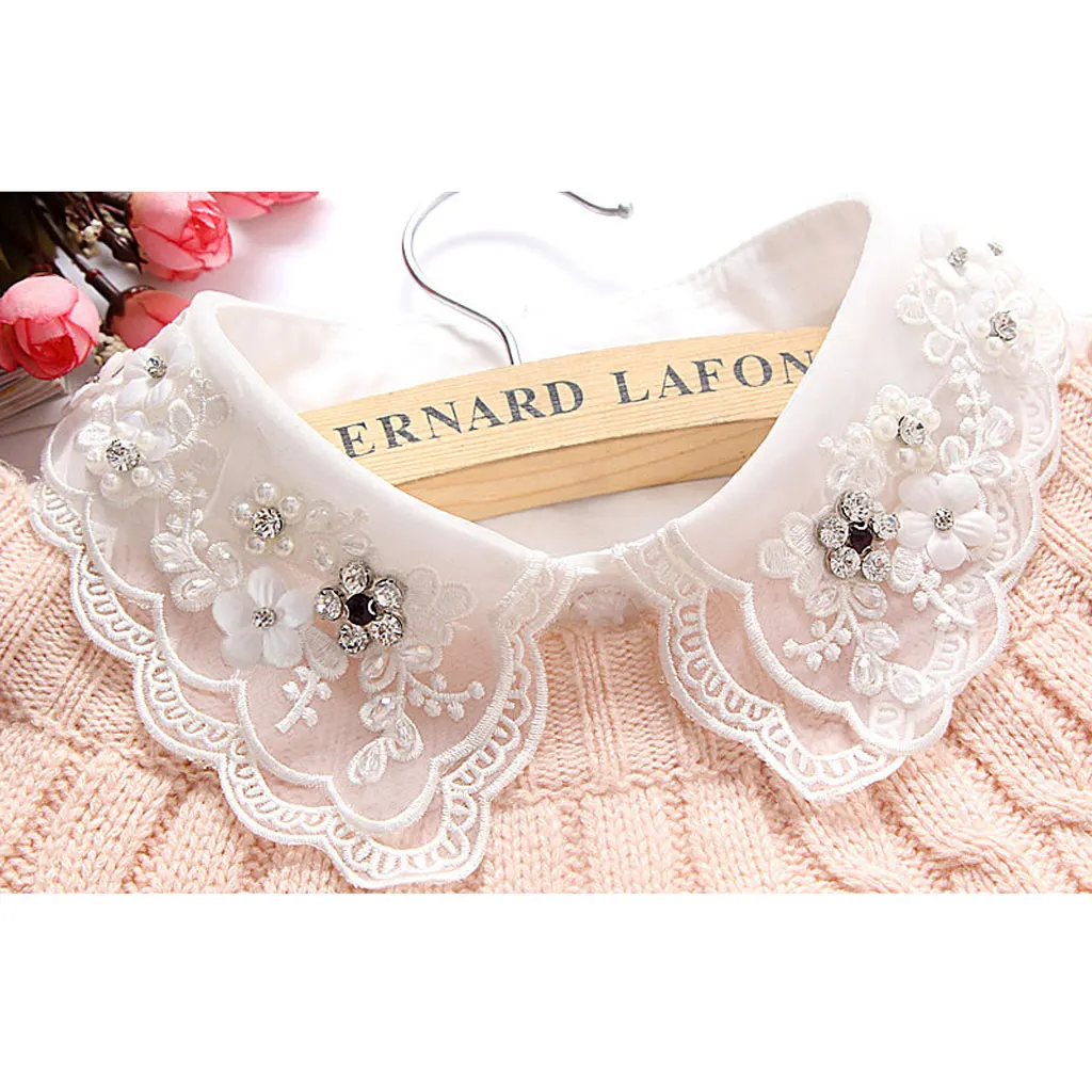 

Womens Half Shirts Detachable Blouse Faux Collar White Beaded Decor
