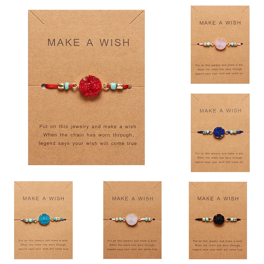 

With Card Natural Resin Stone Bead Bracelet Red Black Blue String Braiding Adjustable Bracelets for Men Women Wish Jewelry Gift