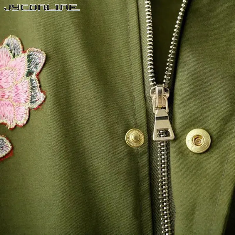 JYConline 2017 Basic Jacket Coat Women Army Green Floral Embroidery Bomber Jacket Patches Rivet Zipper Punk Women Jacket Outwear