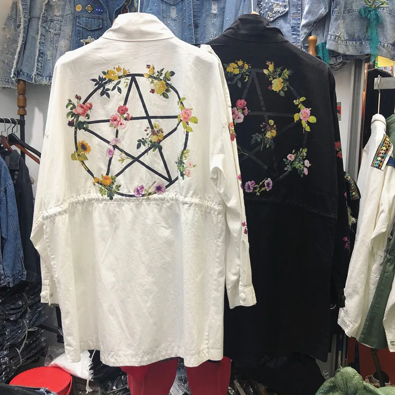 

2019 Spring Autumn New Korean Back Printing Windbreak Women Mid-long Thin Jacket Coats Ladies Loose Casual Wind Coat Femininos