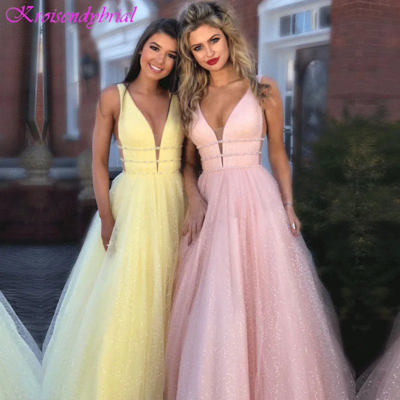 

DZW091 Sweet lady evening Dresses Vestido De Noiva long stage ceremony dress 2019 party dress sequined deep V-neck gown