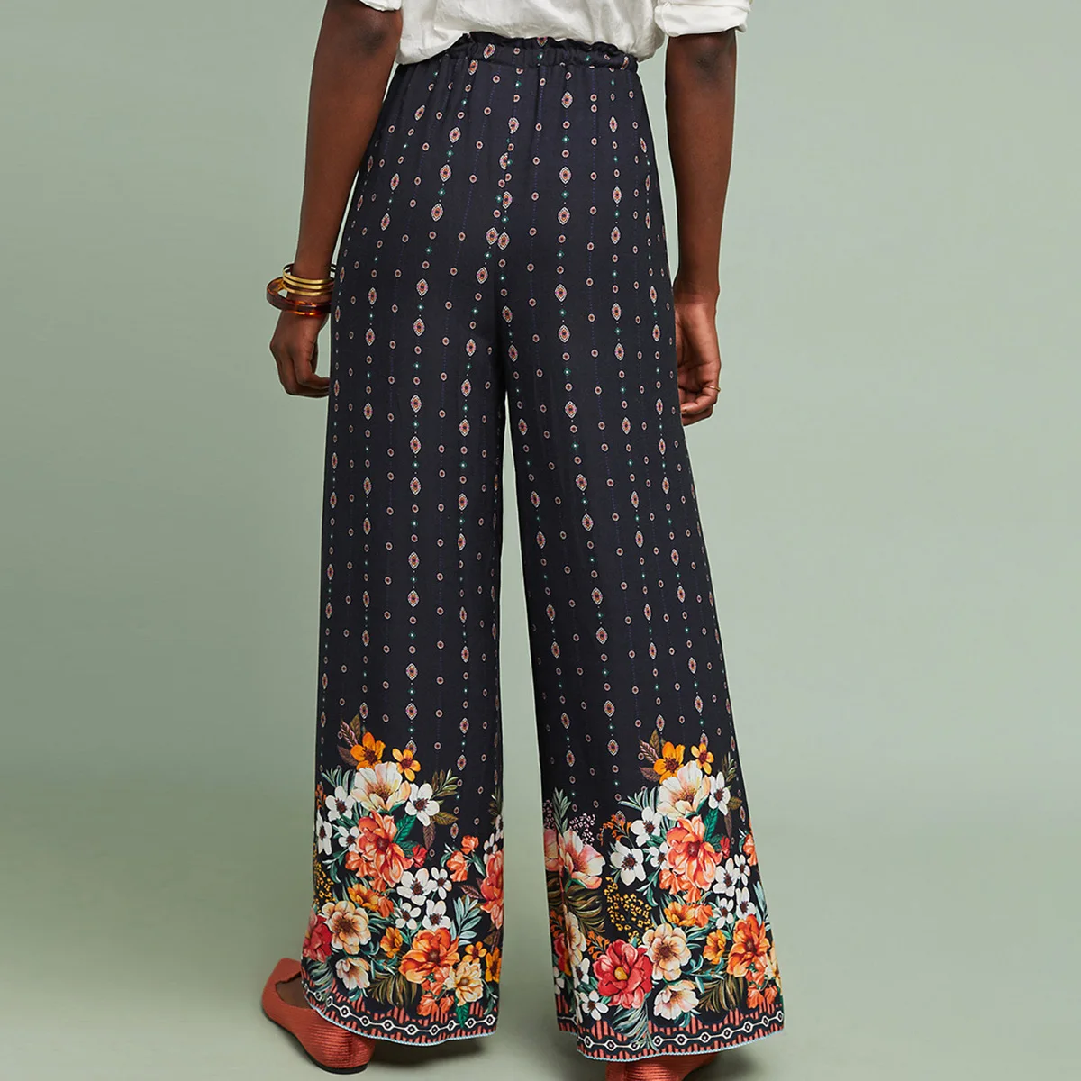 Ethnic Floral Wide Leg Pants 2019 Summer Women High Waist Loose Pant