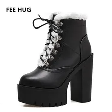 FEE HUG Winter Women’s Faux Fur Shorts Boots Super Platform High Heeled Booties Woman Female Mid-Calf Lacing Up Warm Shoes