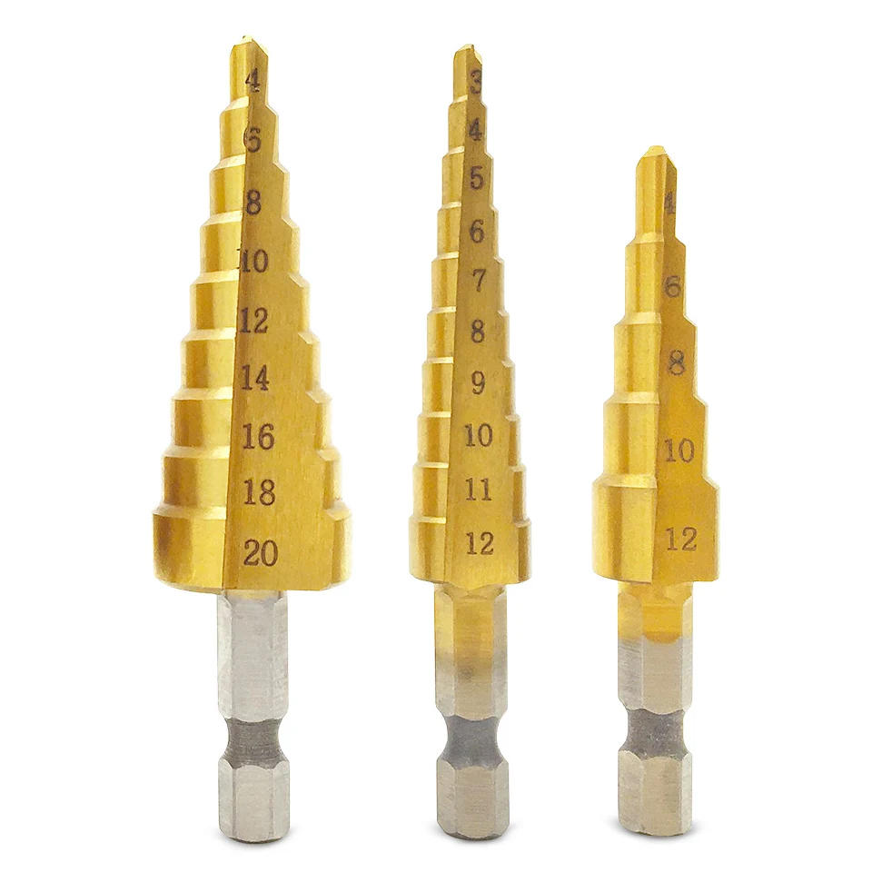 3pcs Hss Steel Titanium Step Drill Bits Set Cone Cutting Tools Steel