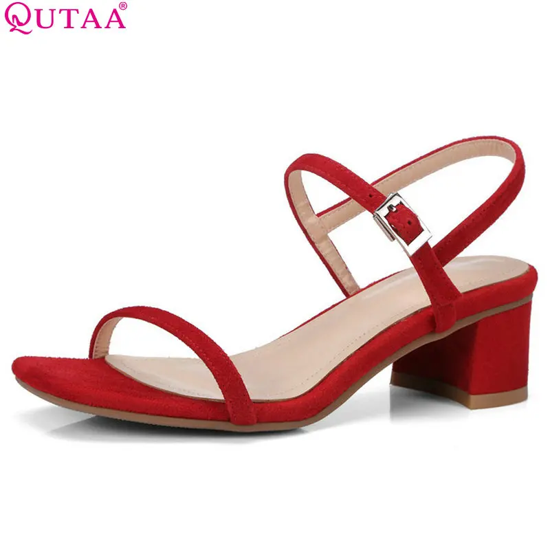 QUTAA 2018 Women Sandals Kid Suede All Match Fashion Women Shoes Buckle Square High Heel Westrn Style Women Sandals Size 34-39