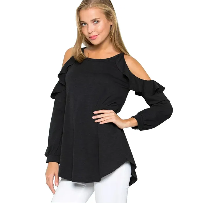 

Hot Tee T Shirt Femme Women T-shirt Ruffled Off Shoulder Top Long Sleeve Loose Tops Black Shirts Chic Tshirt Ukraine 2019 New