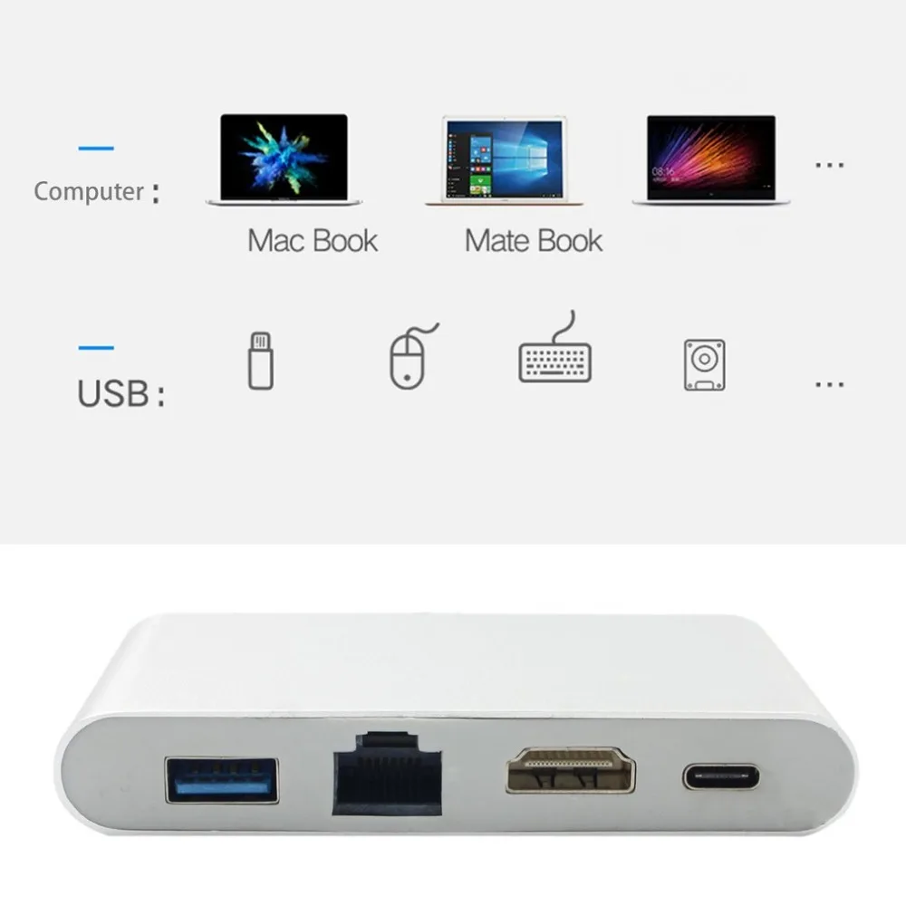 Новейшая модель; Тип с разъемами типа C и HDMI 4 K Gigabit Ethernet RJ45 Порты и разъёмы USB 3,0 USB-C адаптер Сетевая карта адаптер для зарядного хаб расширения/сплиттер