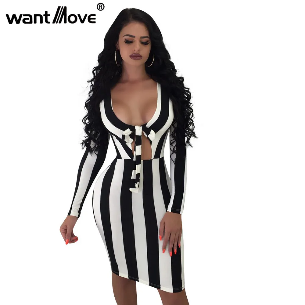 

Wantmove 2018 autumn European and American explosion dress long sleeve black and white striped sexy straps slim dress WM421