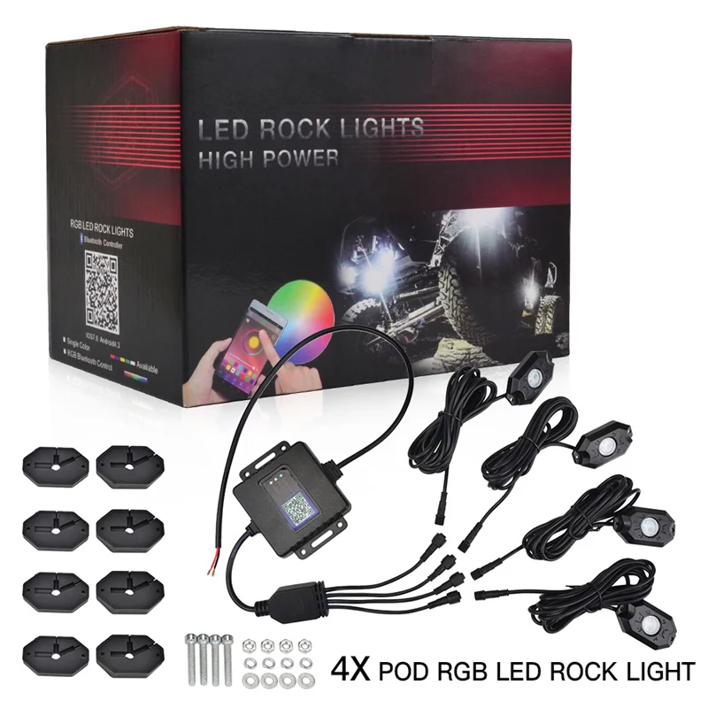 

4Pods RGB LED Rock Light Lamp Neon Set For iPhone Android Music Mode Flashing Function Auto App Control Alloy Housing Universal