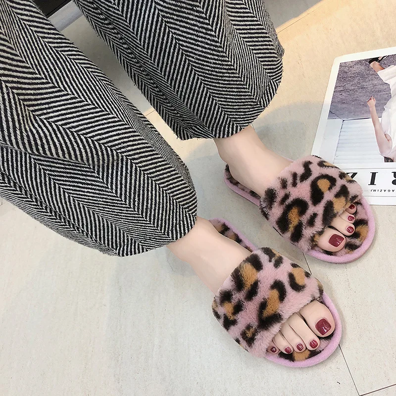 

SWYIVY 2019 Women Winter Slippers Plush Furry Slides Leopard Women Slippers Fashion Outside Wear Home Slippers Women's Shoes 41