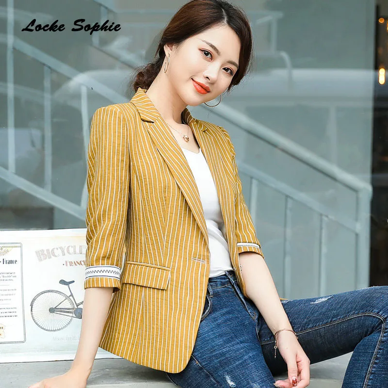 Women's Plus size Slim fit Blazers coats 2019 Summer cotton blend stripe Small Suits jackets ladies Skinny Blazers Suits coats