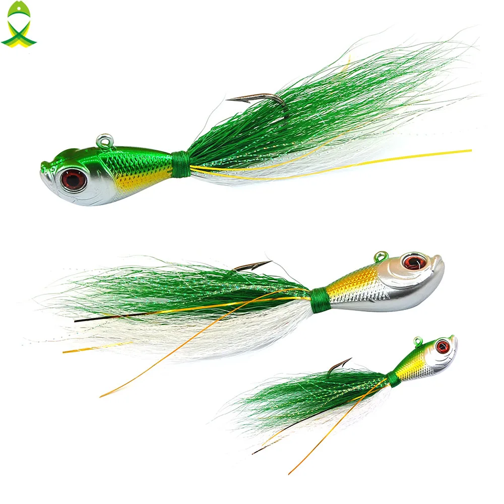 

JSM 4 pcs/lot 7g 14g 28g 42g 56g hard Fishing Lure lifelike green color Lead Head jigging fishing Hook Bait with feather