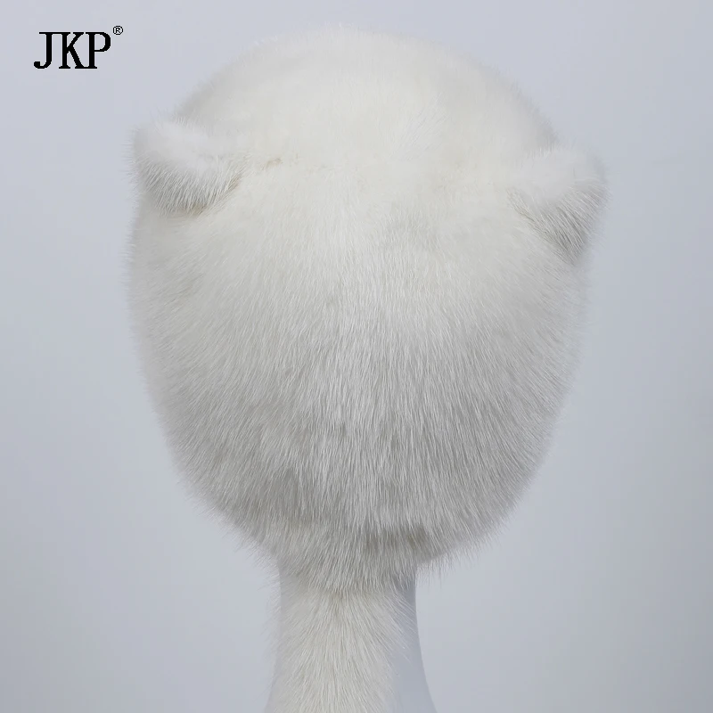 Шапка из натурального меха норки, Женская осенне-зимняя модная шапка с милыми белыми ушками и норковым хвостом