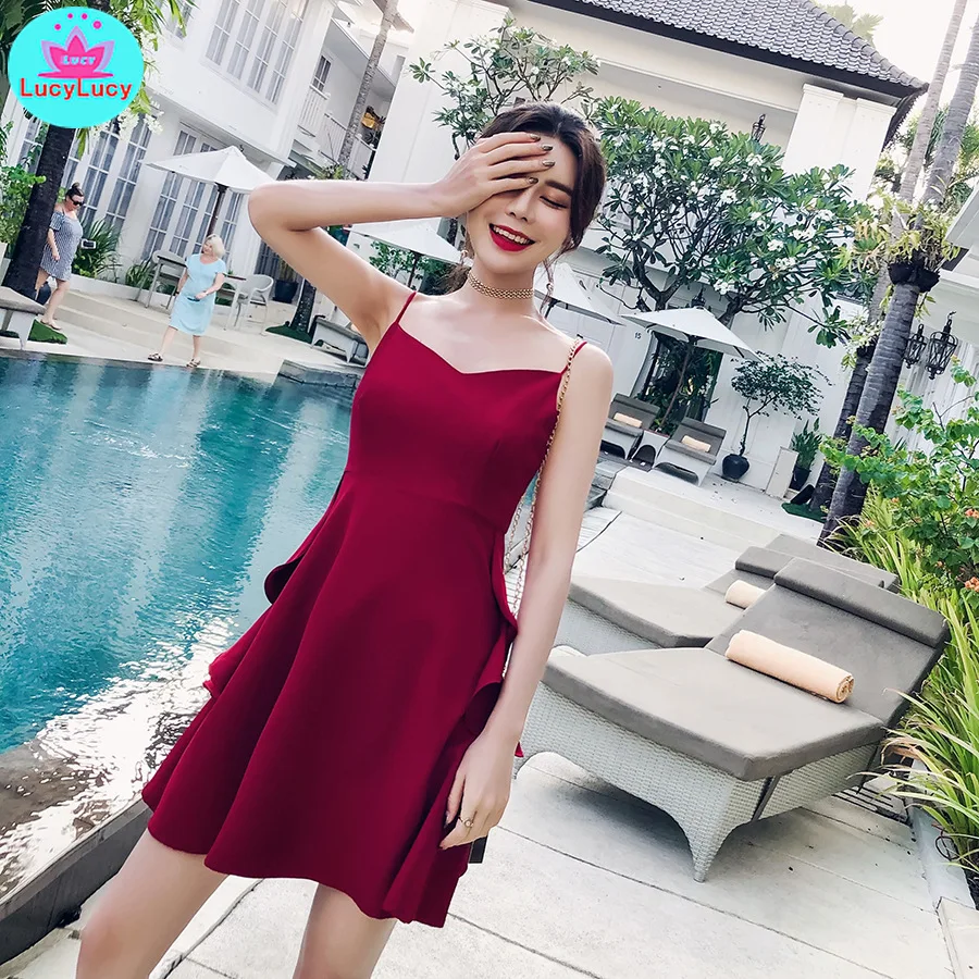 2019 new Korean version of summer women's ruffle sexy holiday strap dress Cascading Ruffle  Knee-Length  Spaghetti Strap