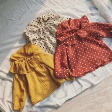 Блузка для девочек для маленьких девочек оборками хлопок лен длинный рукав горошек Рубашки для мальчиков весенние детские топы