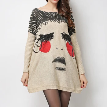 

plus size 2018 new winter Autumn women casual long-sleeve Sweaters tops loose Graffiti character print pullover loose tunic