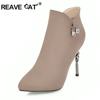

REAVE CAT Winter Women Boots Flock Ankle Boots Pointed Toe Women Shoes Ladies Party Western Zipper Metal Boots Botas Mujer A1077
