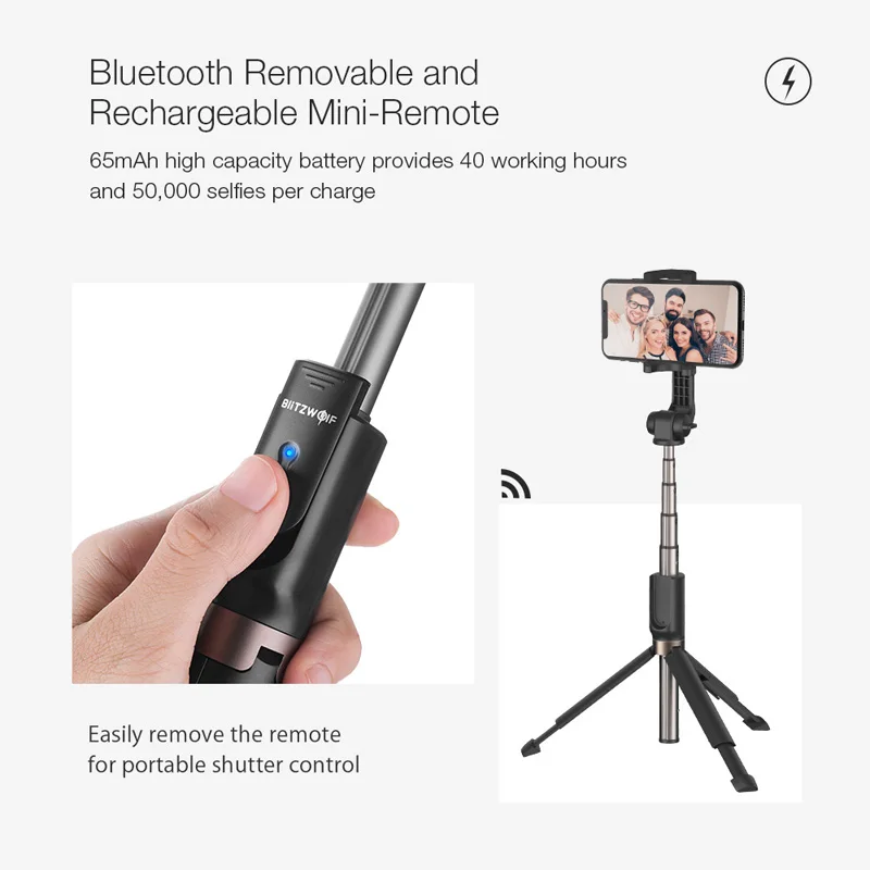  BlitzWolf 3 in 1 Selfie Stick Portable Phone Tripod Extendable Monopod + bluetooth Remote for iPhon