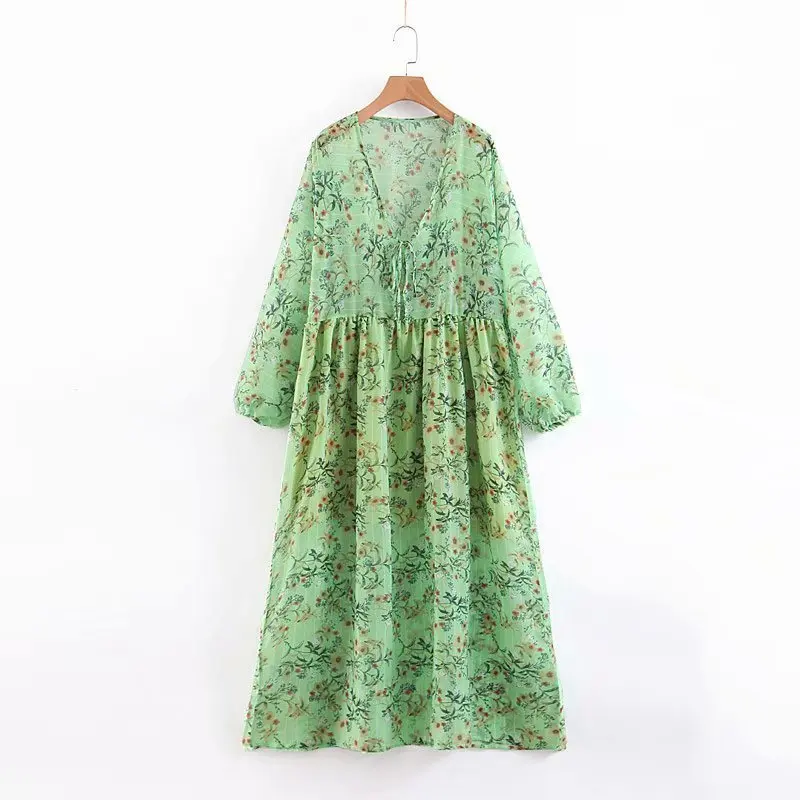 XL65-2081 European and American Fashion Deep-wind V-collar Printed Dresses