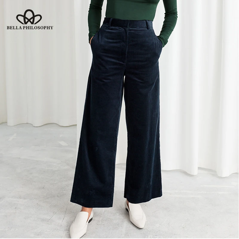 

Bella Philosophy Autumn Winter Corduroy Wide Leg Pants Office Trousers Casual flat Mid solid women pants streetwear female pants