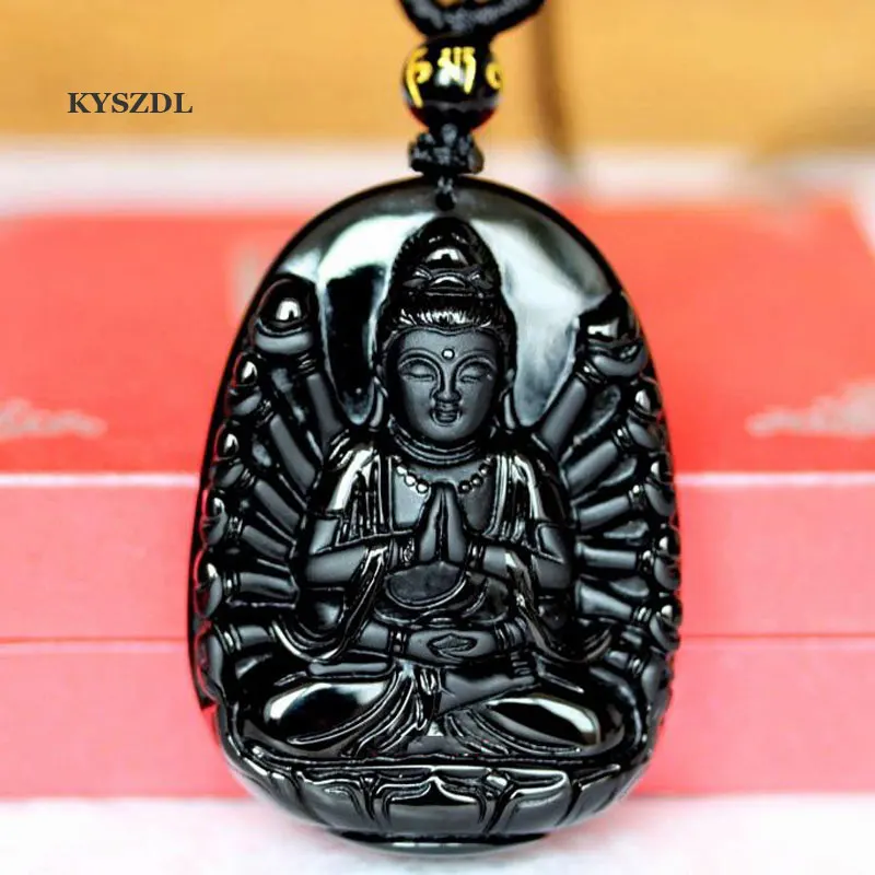 

KYSZDL Hand-Carved Natural Obsidian Avalokitesvara Pendant Fashion Jewelry Crystal Pendant Necklace Gift Free Round Bead Rope