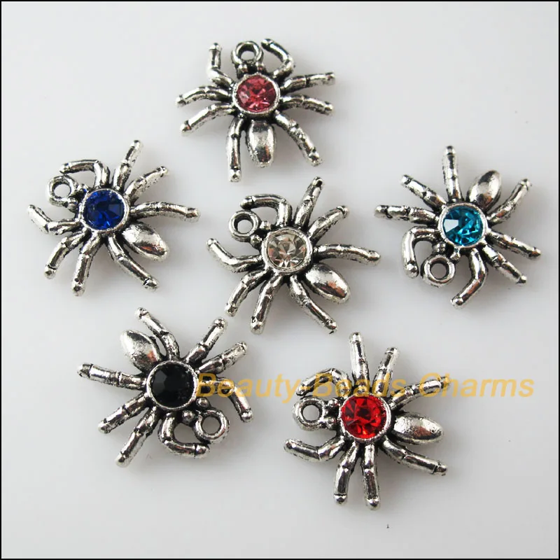 

Fashion 12Pcs Tibetan Silver Glass Crystal Mixed Spider Charms Pendants 17x19mm