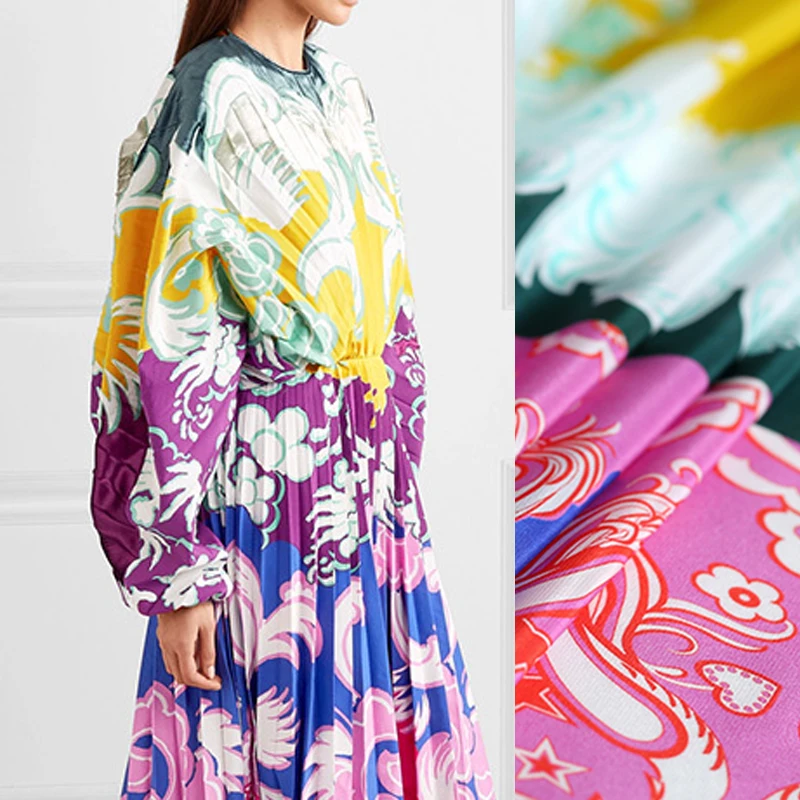 

136CM Wide 16MM Colorful Floral Print Silk Crepe de Chine Fabric for Summer Dress Jacket Pants E1037
