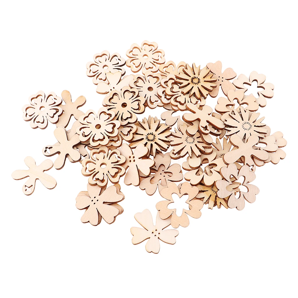 50pcs Wood Hollow Cutouts MDF Wooden Flowers Embellishment Buttons Flatbacks Craft for Scrapbooking Cardmaking DIY Decorations